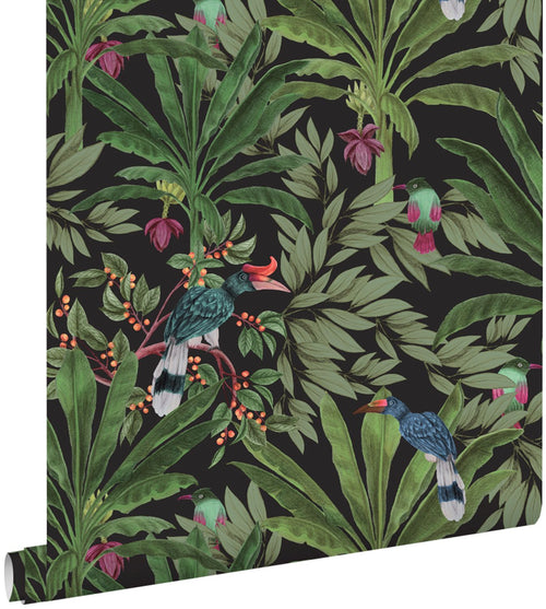 ESTAhome behang tropische jungle bladeren zwart en jungle groen - 53 cm x 10.05 m - 139190