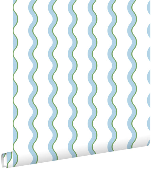 ESTAhome behang golvende strepen blauw, groen en wit - 50 x 900 cm - 131723