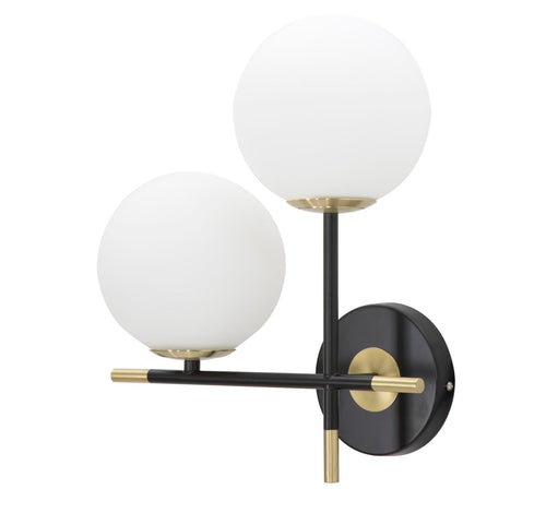 Wandlamp van zwart metaal met 2 witte glazen bollen 30x17x35 cm