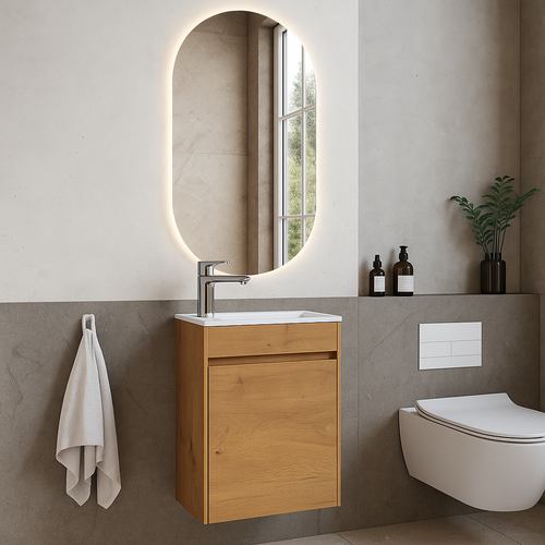 Badplaats Toiletmeubel Sinta 40 x 22 cm – Eiken – Fonteinmeubel met Witte Wastafel