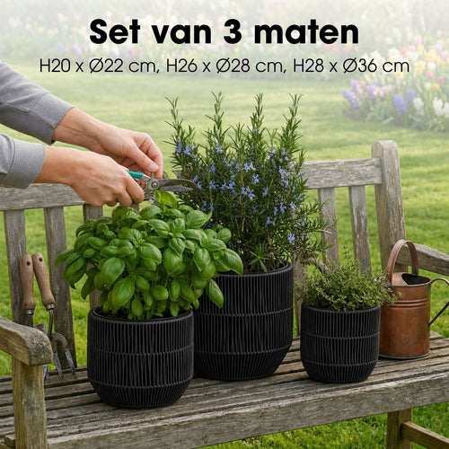 Mica Decorations Peta Bloempot voor Buiten – Set van 3 – Plantenpot voor Bloemen en Buitenplanten – Bloempotten voor Buiten – Zwart