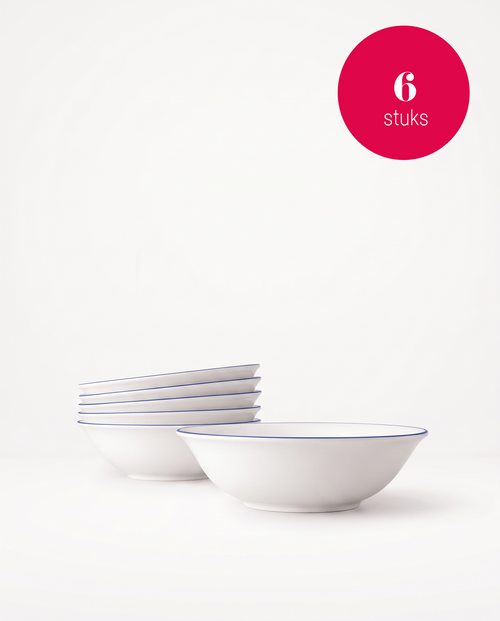 vtwonen - Soepkom - Wit/Blauw Lijn - Porselein - Set van 6