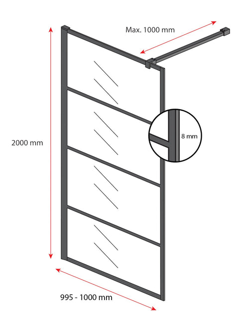 Badplaats Douchewand Essos 100 x 200 cm – Zwart – Inloopdouche 8 mm Rookglas