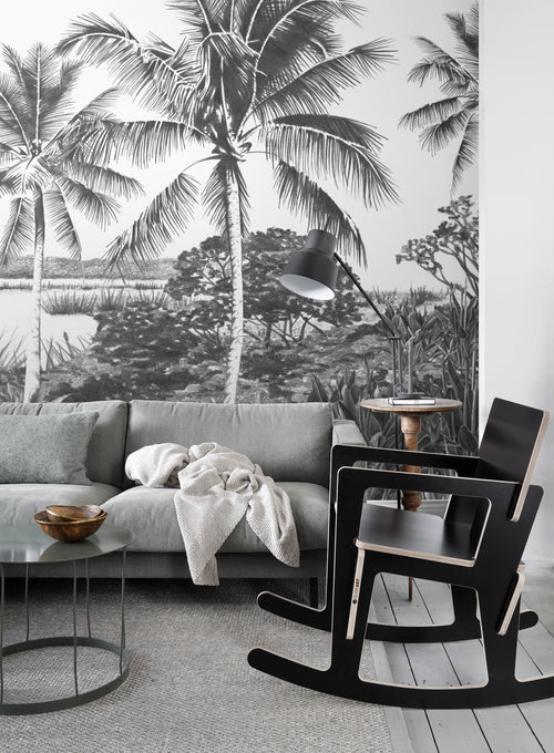ESTAhome fotobehang tropisch landschap met palmbomen zwart wit - 418.5 x 279 cm - 158901 - vtwonen shop