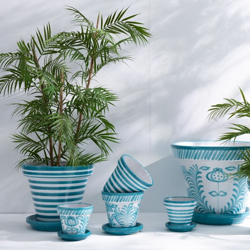 J-Line bloempot Granada Stripes Handmade + Painted - keramiek - aqua - large - Ø 35 cm