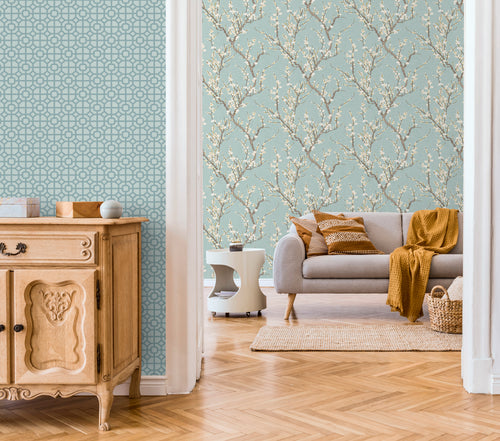 Sanders & Sanders behang bloesemtak vergrijsd mintgroen en wit - 53 cm x 10 m - 640175 - vtwonen shop