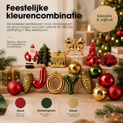 Mica Decorations Kerstornamentenset JOY - Set van 26 Onbreekbare Kerstballen in Rood, Donkergroen en Goud - Kerstboomversiering van Gerecycled