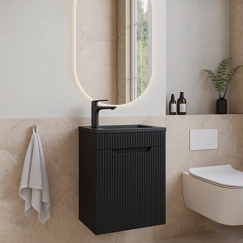 Badplaats Toiletmeubel Thermis 40 x 22 cm – Mat Zwart – Fonteinmeubel met Zwarte Wastafel