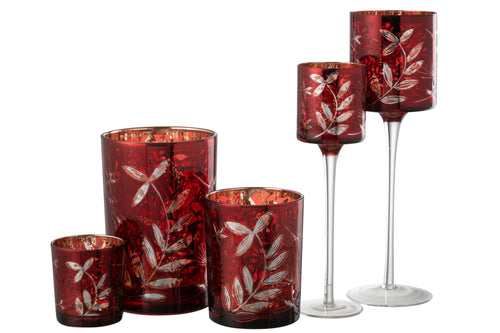 J-Line theelichthouder Op Voet Blaadjes - glas - rood/goud - large