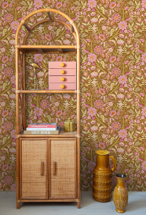 ESTAhome behang vintage bloemen groen en fuchsia roze - 50 x 900 cm - 131727