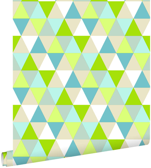 ESTAhome behang driehoekjes limegroen, turquoise en beige - 53 cm x 10.05 m - 138713