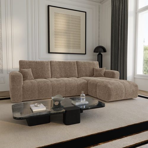 Premium Interiors - Rechthoekige hoekbank met slaapfunctie en opbergruimte VIBE - zacht aanvoelende geweven stof bruin 286cm