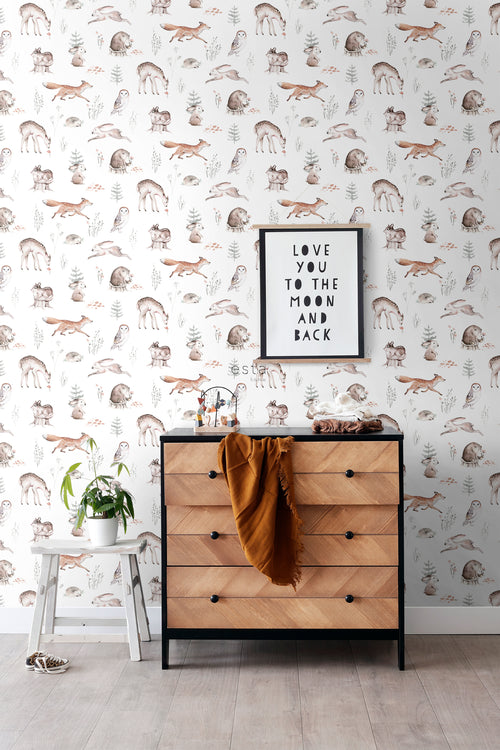 ESTAhome behang vintage bosdieren wit, oranje en bruin - 53 cm x 10.05 m - 139399