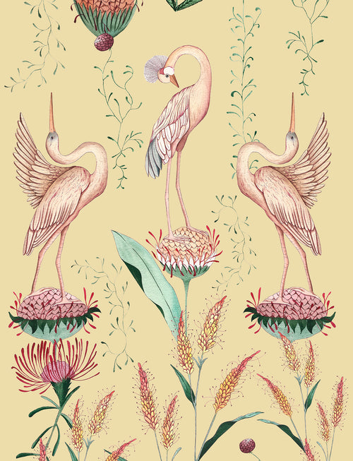 Walls4You behang kraanvogels geel en roze - 53 cm x 10 m - 640151