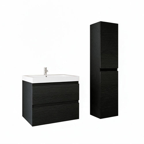 LOMAZOO badmeubelset Avalon - met hoge kast & witte wastafel - zwart eiken - 60 cm
