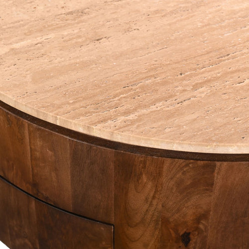 Giga Meubel Salontafel Elan Rond - Travertin - Walnoot - 90x90x35cm - Incl. Lades - vtwonen shop