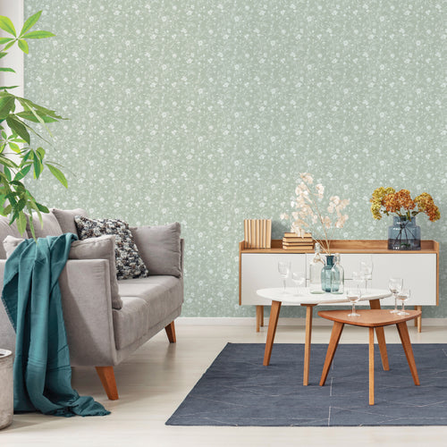 Sanders & Sanders behang bloemetjes licht vergrijsd groen en wit - 53 cm x 10 m - 640197 - vtwonen shop
