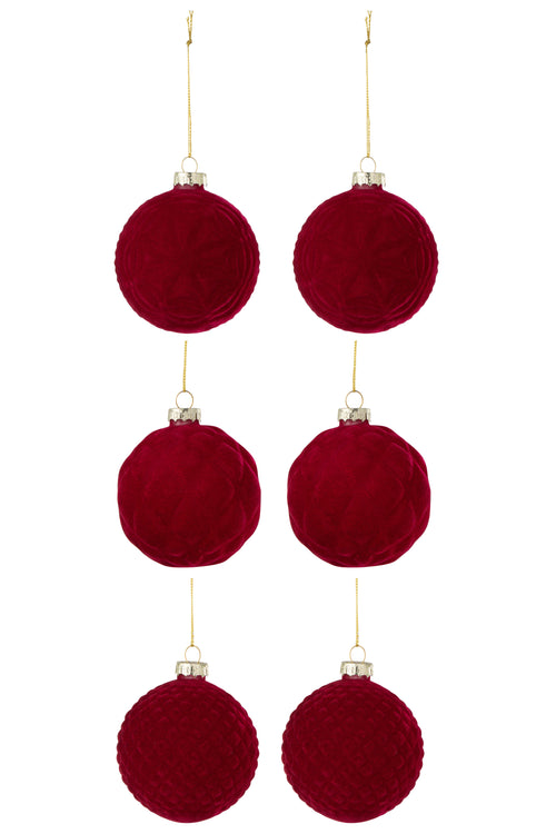 J-Line kerstbal 2+2+2 - fluweel - rood - small - doos van 6