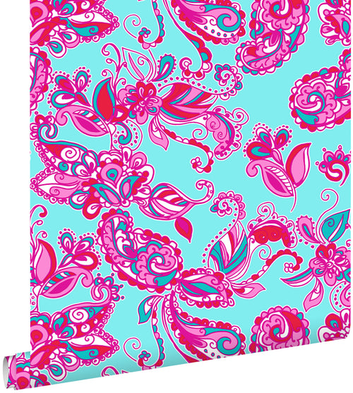 ESTAhome behang funky bloemen en paisleys turquoise en roze - 53 cm x 10.05 m - 136840