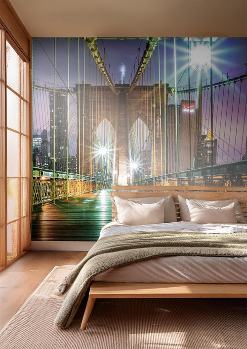 Sanders & Sanders fotobehang Brooklyn Bridge New York paars, groen en bruin - 375 x 270 cm - 600544