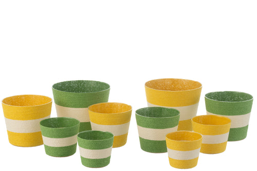 J-Line bloempot Touwtjes Streep - papier - geel/groen - extra large - 2 st. - Ø 21.5 cm