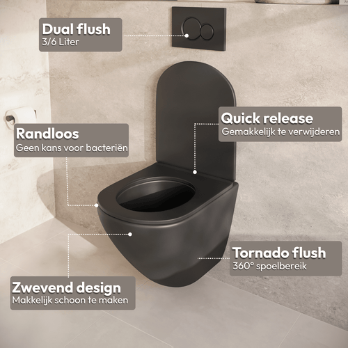 LOMAZOO hangtoiletset Linea - met inbouwreservoir & vierkante drukplaat - rond - zwart