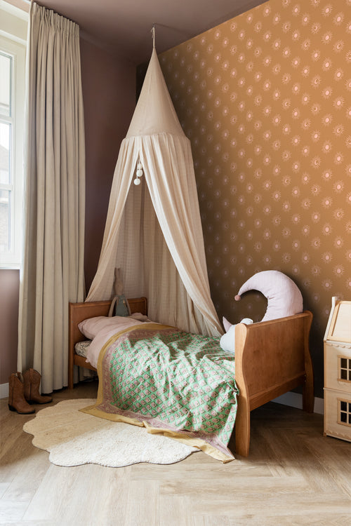 ESTAhome behang zonnetjes bruin en roze - 50 x 900 cm - 131775