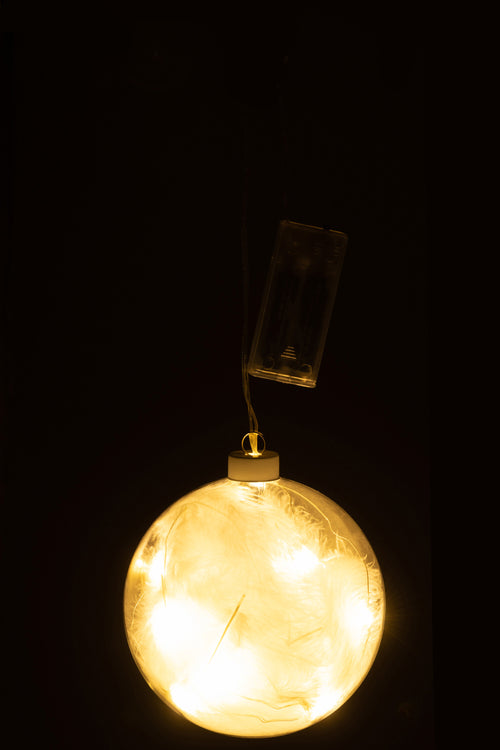 J-Line decoratie Bal Pluimen - glas - wit - small - 4 stuks - LED lichtjes