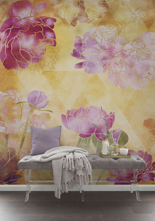 Sanders & Sanders fotobehang bloemen roze, geel en goud - 400 x 250 cm - 611930
