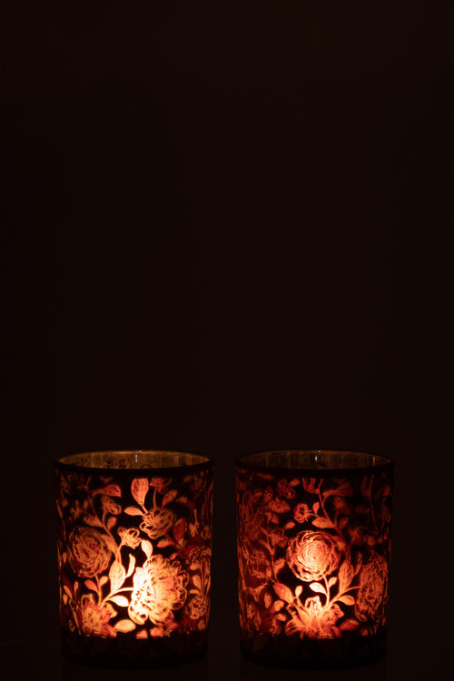 J-Line windlicht Bloemen - glas - paars/zilver - medium - 2 stuks