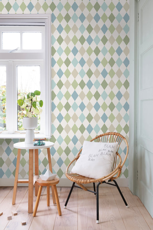 ESTAhome behang ruitjes groen en blauw - 50 x 900 cm - 131761