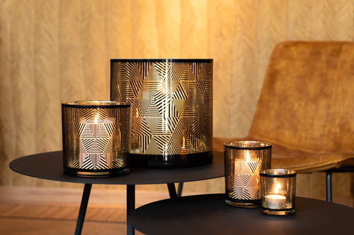 J-Line windlicht Driehoeken Strepen - glas - bruin - small - 2 stuks