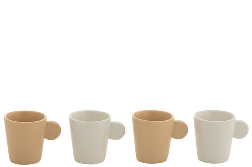 J-Line kopje Met Oor + Bamboubasis - keramiek - wit/creme - doos van 4