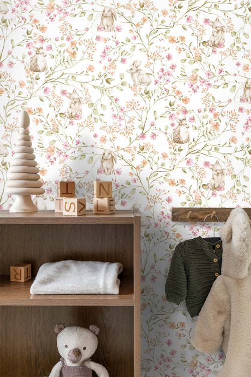 ESTAhome behang konijnen groen, roze en oranje - 0.53 x 10.05 m - 131705