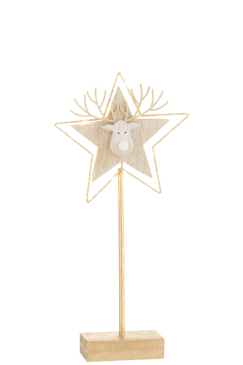 J-Line kerstdecoratie Rendier/Ster op voet - hout - goud/wit - small - LED lichtjes - vtwonen shop