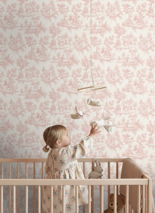 ESTAhome behang toile de jouy print zacht roze - 50 x 900 cm - 132094