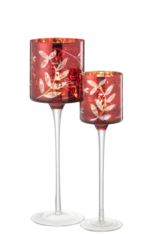 J-Line theelichthouder Op Voet Blaadjes - glas - rood/goud - large
