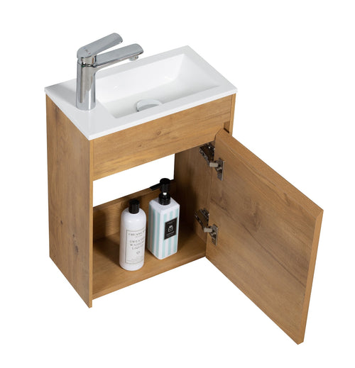Badplaats Toiletmeubel Sinta 40 x 22 cm – Eiken – Fonteinmeubel met Witte Wastafel