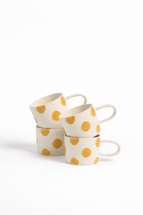 vtwonen - Mokken - Stippen - Geel - Keramiek - 350ml - Set van 4