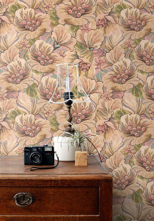 ESTAhome behang geborduurd bloemmotief bruin, beige en oudroze - 50 x 900 cm - 131295