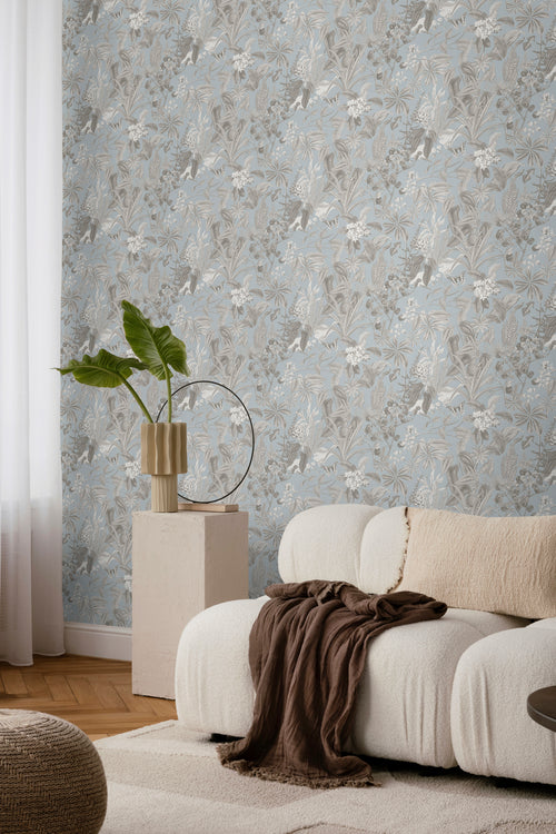 Sanders & Sanders behang tropische bladeren en bloemen vergrijsd blauw - 53 cm x 10 m - 640243 - vtwonen shop