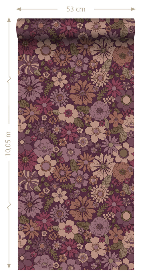 ESTAhome behang retro bloemen aubergine paars - 50 x 900 cm - 131638 - vtwonen shop