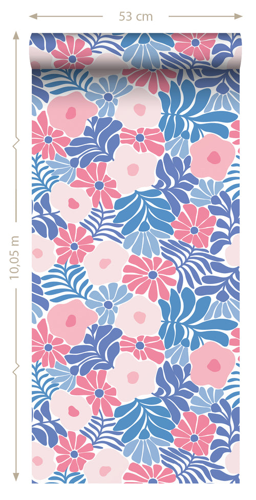 ESTAhome behang bloemen in Matisse stijl blauw en roze - 50 x 900 cm - 131006 - vtwonen shop