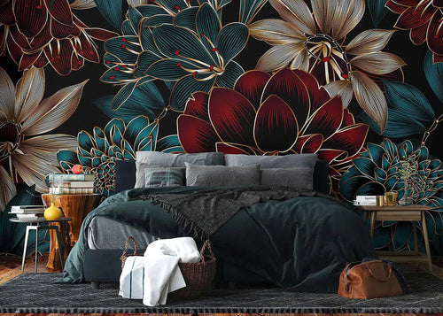 Sanders & Sanders fotobehang bloemen donkerblauw, rood en goud - 375 x 270 cm - 601461
