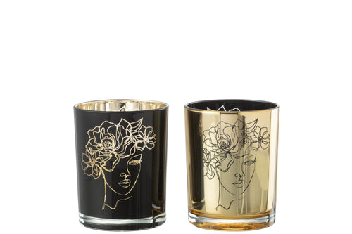 J-Line windlicht dame haar bloemen - glas - zwart/goud - medium - 2 stuks