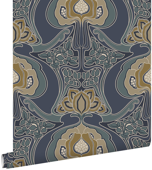 ESTAhome behang vintage bloemen in art nouveau stijl vergrijsd blauw - 0.53 x 10.05 m - 139572 - vtwonen shop