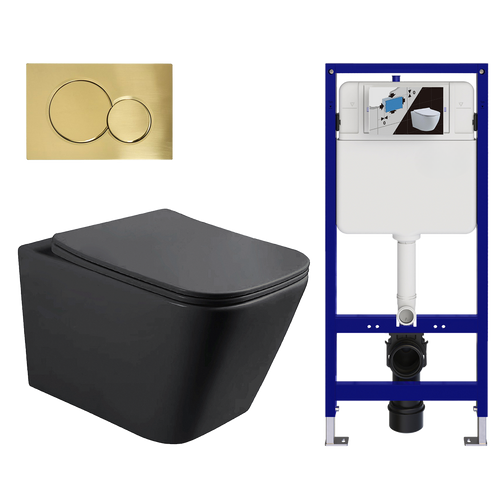 LOMAZOO hangtoiletset Linea - met inbouwreservoir & ronde drukplaat - vierkant - goud / zwart
