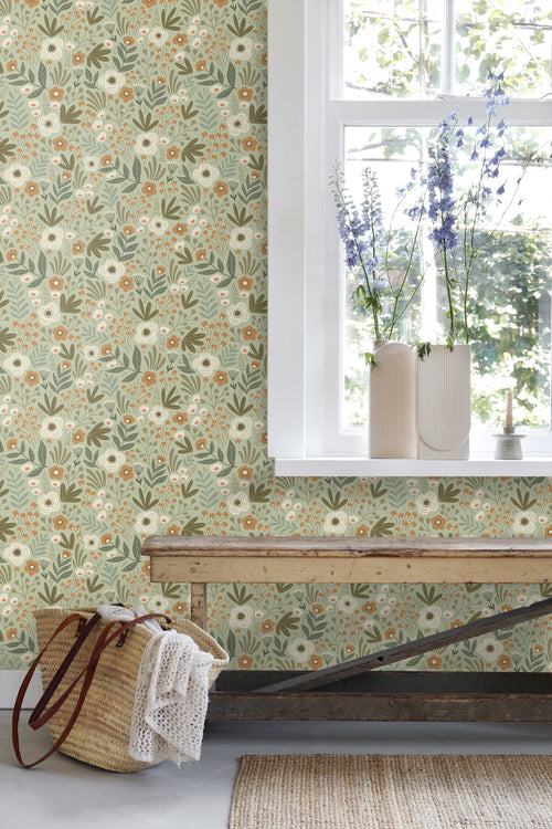 ESTAhome behang bloemetjes vergrijsd groen - 50 x 900 cm - 131070 - vtwonen shop