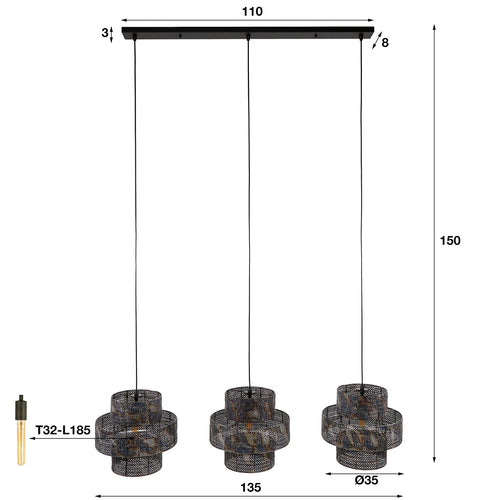 Giga Meubel Hanglamp Lantern - Zwart/Bruin - 3-Lichts - 135x35x150cm
