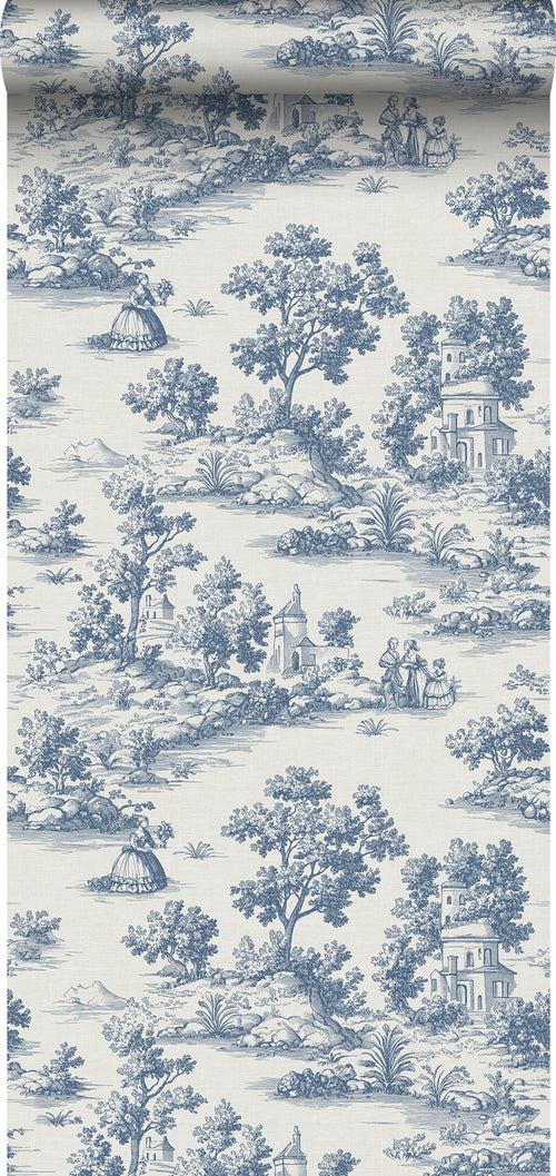 Sanders & Sanders behang toile de jouy print blauw - 53 cm x 10 m - 641035